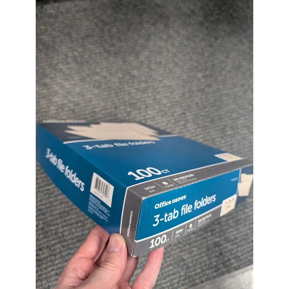 Office Depot 3-Tab File Folders Letter Size Manila 100 Ct Box 30% Recycled New